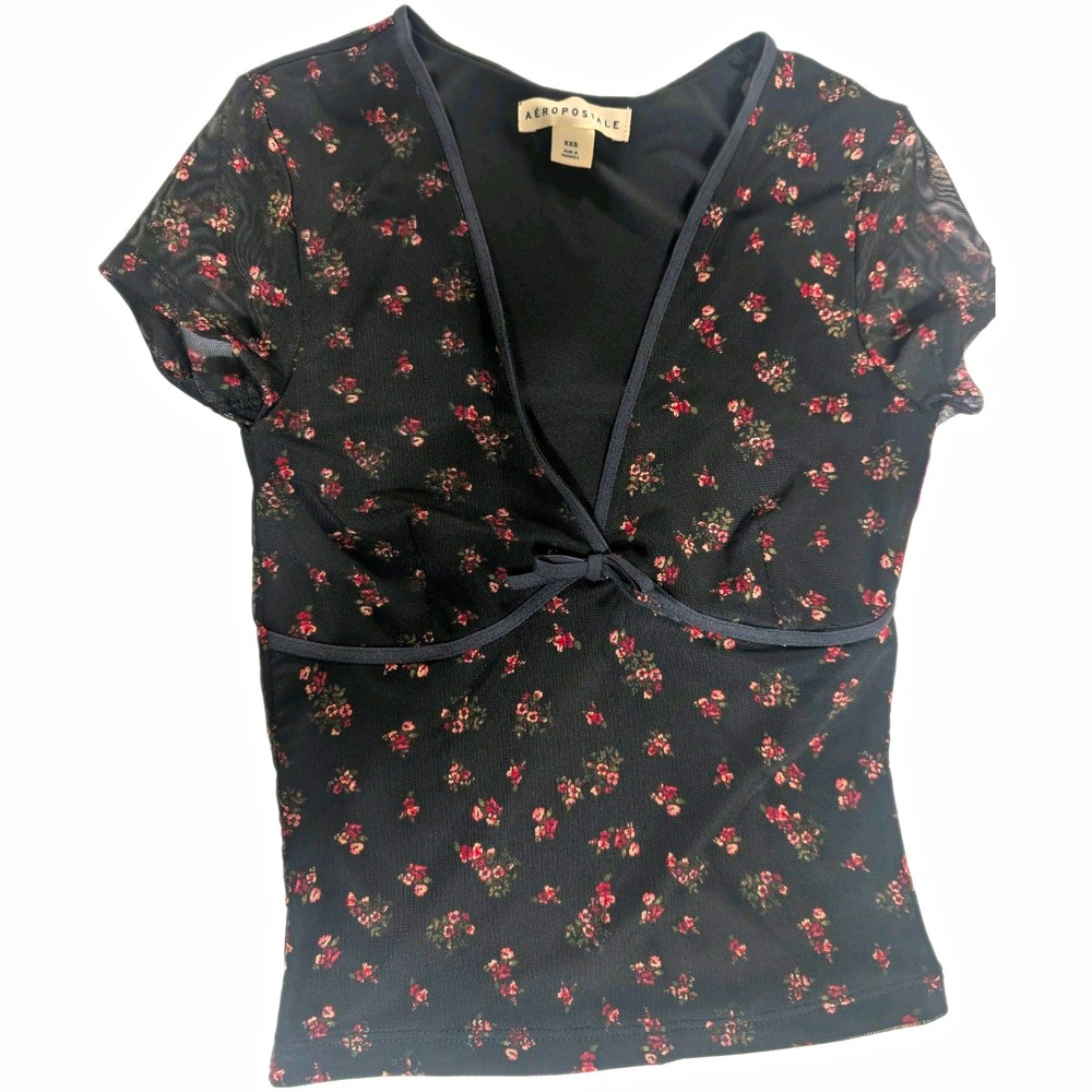Aeropostale Women's XXS Black Floral Mesh Tie Front Short Sleeve Top NWT Y2K
